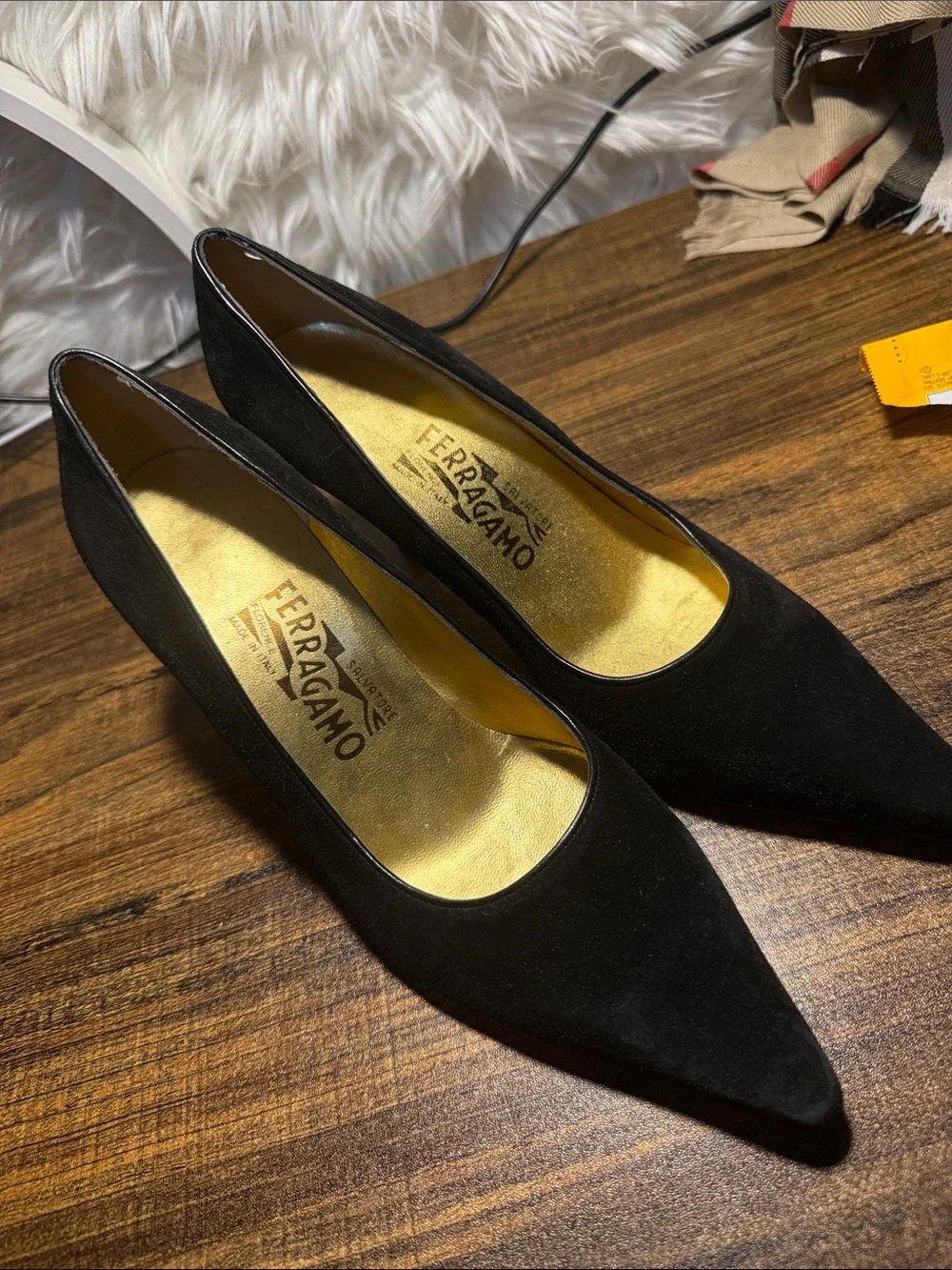 Salvatore Ferragamo Black Suede Pointed Pumps with Gold Insole